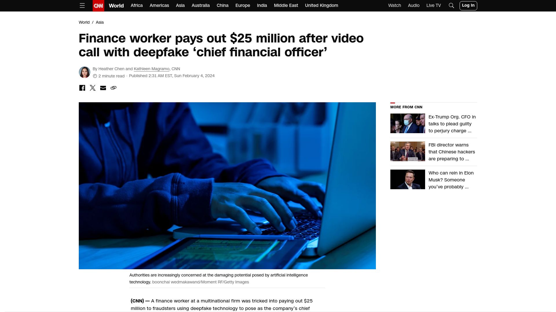 Screenshot of edition.cnn.com: Finance worker pays out $25M after video call call with deepfake CFO