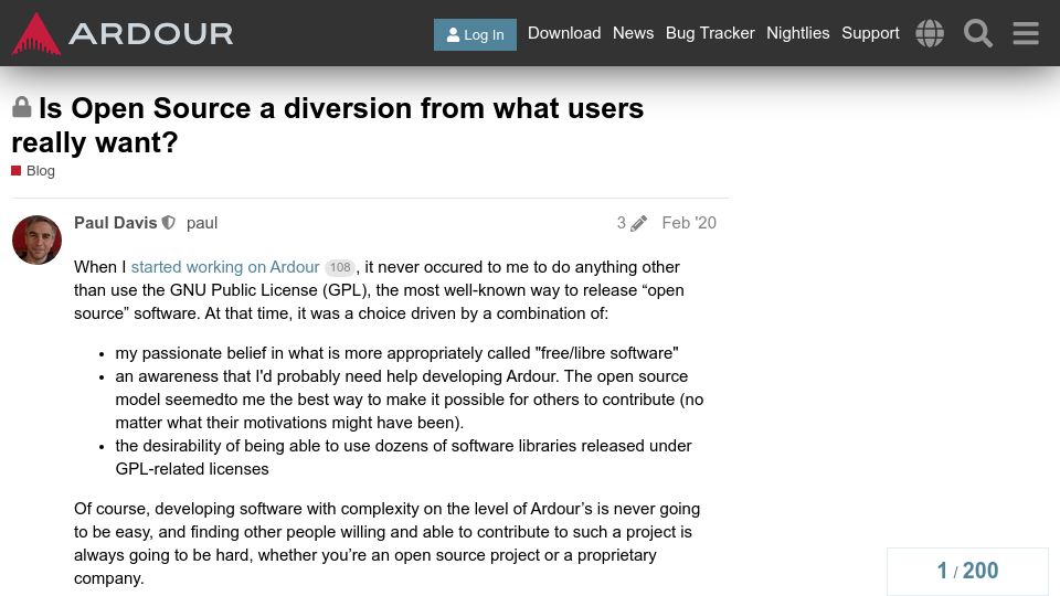 Screenshot of discourse.ardour.org: Is Open Source a diversion from what users want?