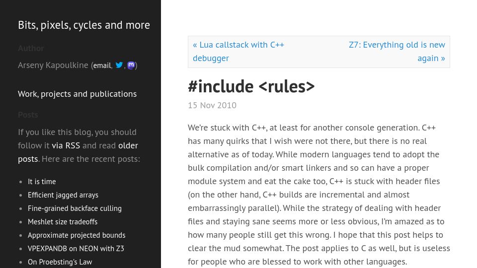 Screenshot of zeux.io: #include <rules> (2010)