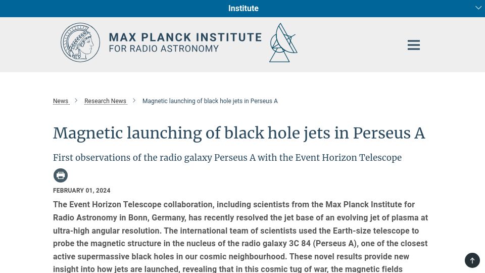 Screenshot of mpifr-bonn.mpg.de: Magnetic launching of black hole jets in Perseus A