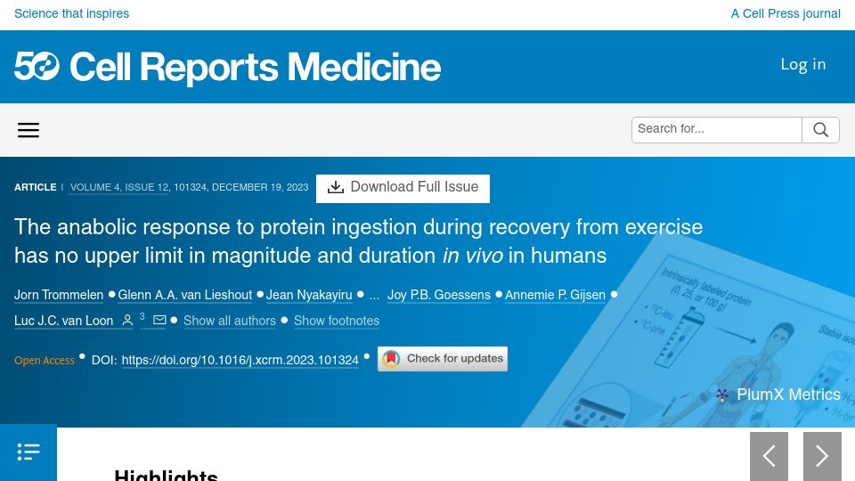 Screenshot of cell.com: Response to protein ingestion during recovery from exercise has no upper limit