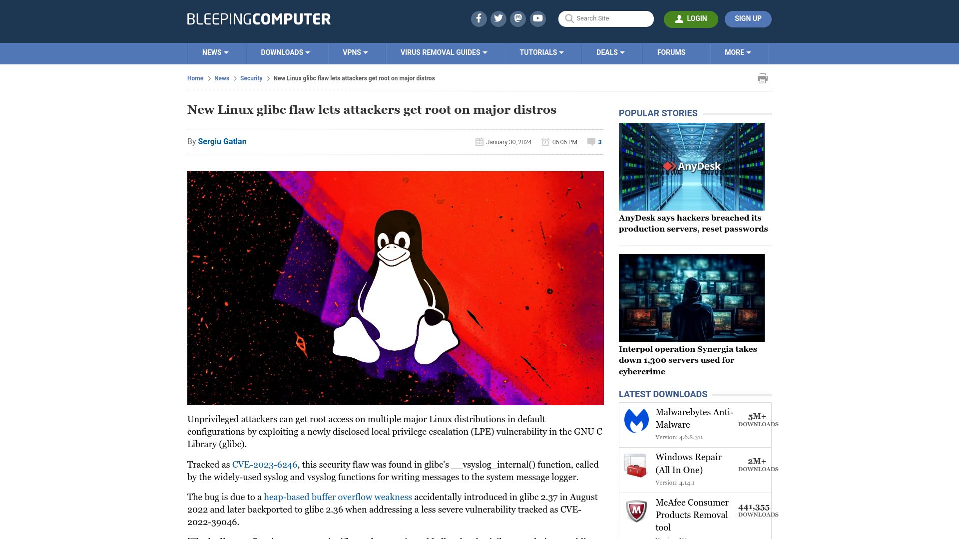 Screenshot of bleepingcomputer.com: New Linux glibc flaw lets attackers get root on major distros