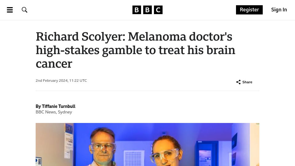 Screenshot of bbc.com: Melanoma doctor's high-stakes gamble to treat his brain cancer