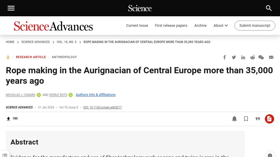 Screenshot of science.org: Rope making in the Aurignacian of Central Europe more than 35,000 years ago