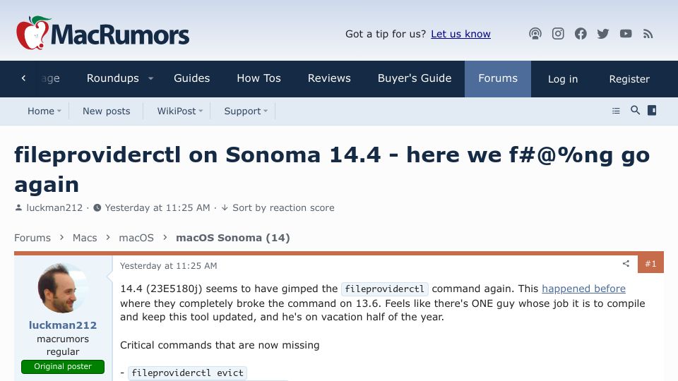 Screenshot of forums.macrumors.com: macOS Sonoma 14.4 removes critical functions from the fileproviderctl command