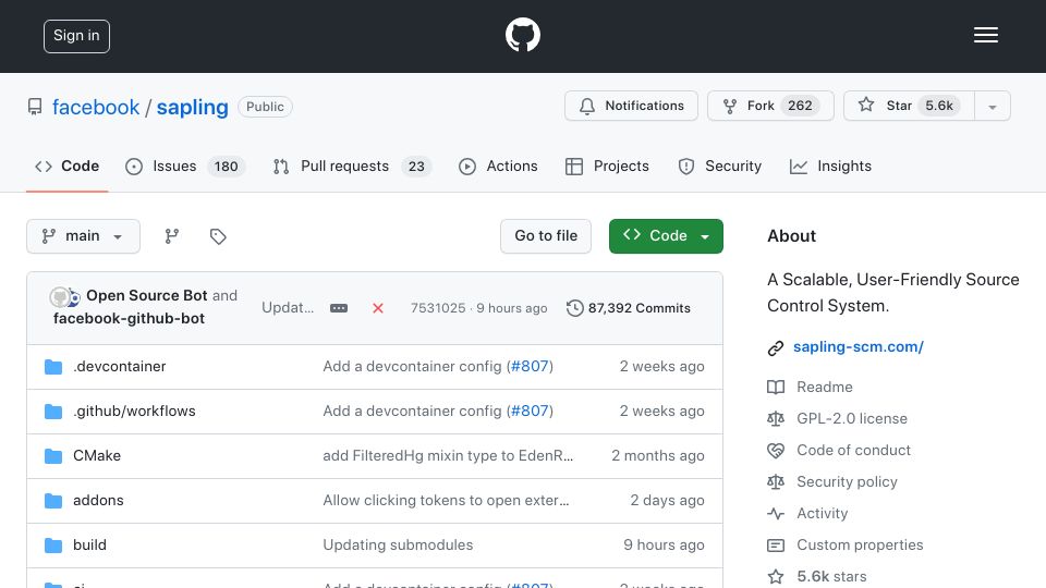 Screenshot of github.com: Sapling – A VCS from Meta
