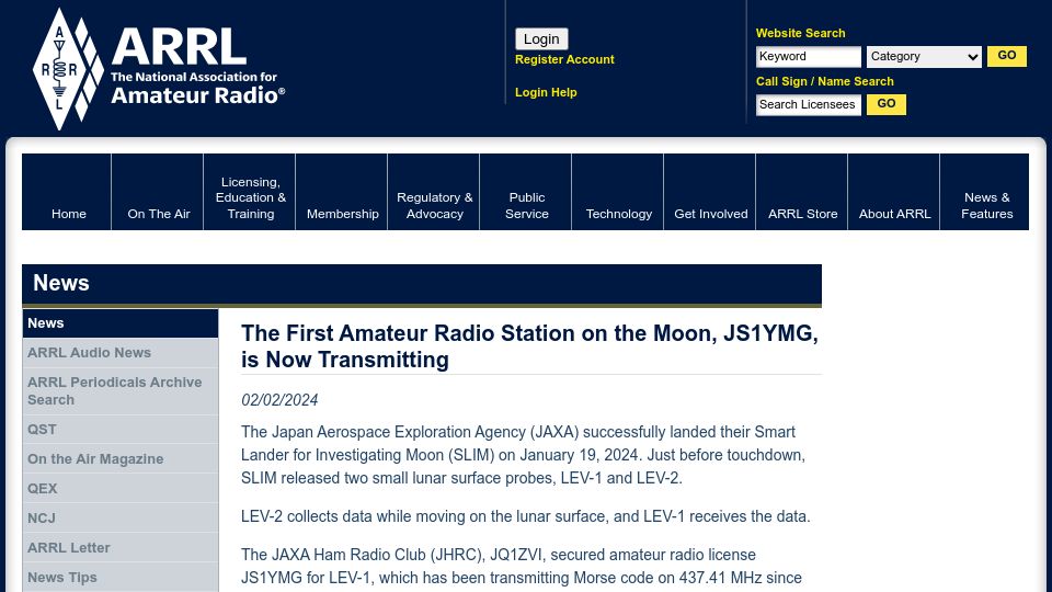 Screenshot of arrl.org: The first amateur radio station on the moon
