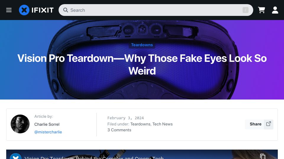 Screenshot of ifixit.com: Vision Pro Teardown – Why those fake eyes look so weird