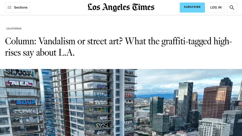 Screenshot of latimes.com: Taggers have sprayed graffiti on 27 stories of a downtown Los Angeles skyscraper