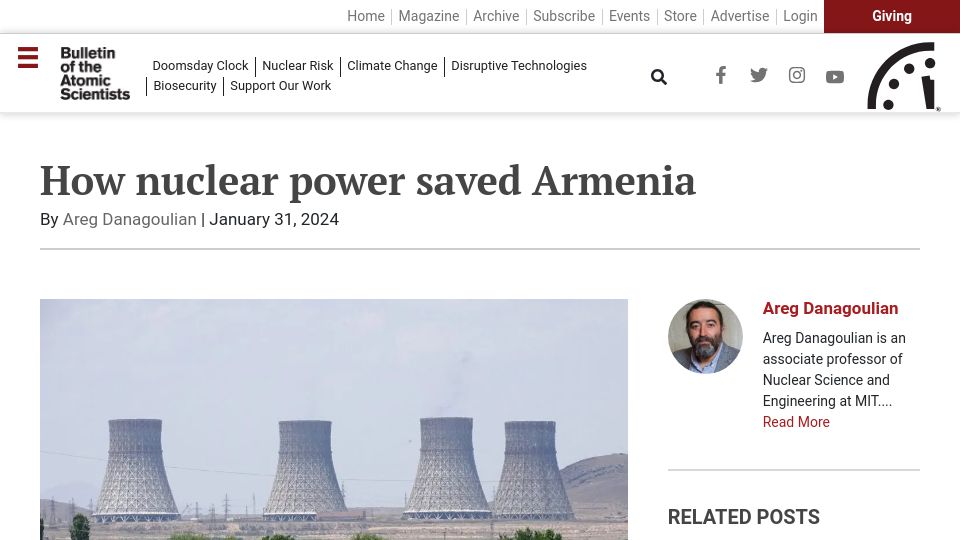 Screenshot of thebulletin.org: Nuclear power saved Armenia