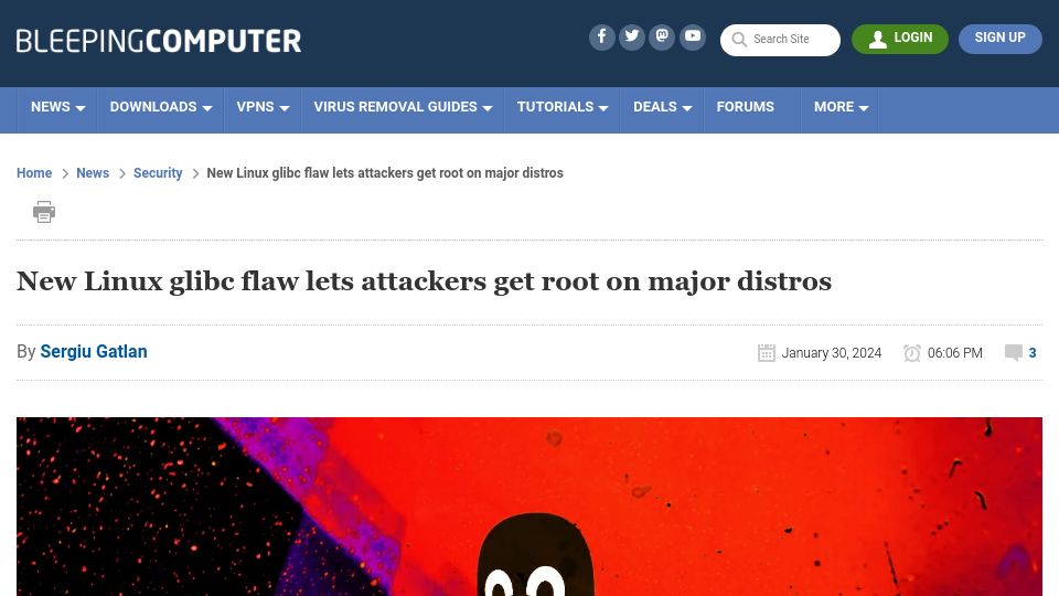 Screenshot of bleepingcomputer.com: New Linux glibc flaw lets attackers get root on major distros