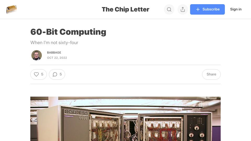 Screenshot of thechipletter.substack.com: 60-Bit Computing (2022)
