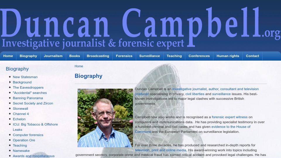 Screenshot of duncancampbell.org: Duncan Campbell – Investigative journalist and forensic expert