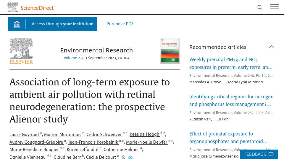 Screenshot of sciencedirect.com: Association of long-term exposure to air pollution w retinal neurodegeneration