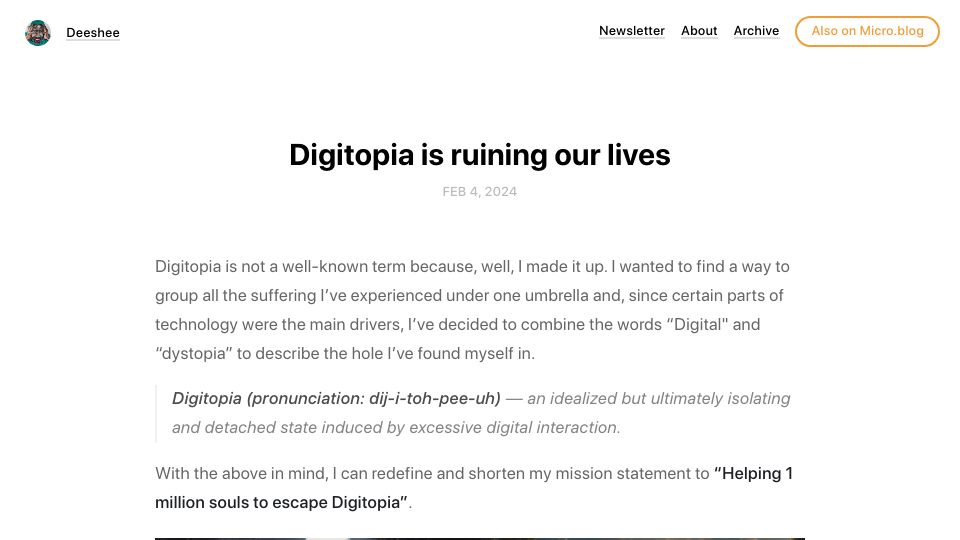 Screenshot of deeshee.io: Digitopia is ruining our lives