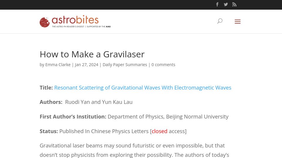 Screenshot of astrobites.org: How to Make a Gravilaser