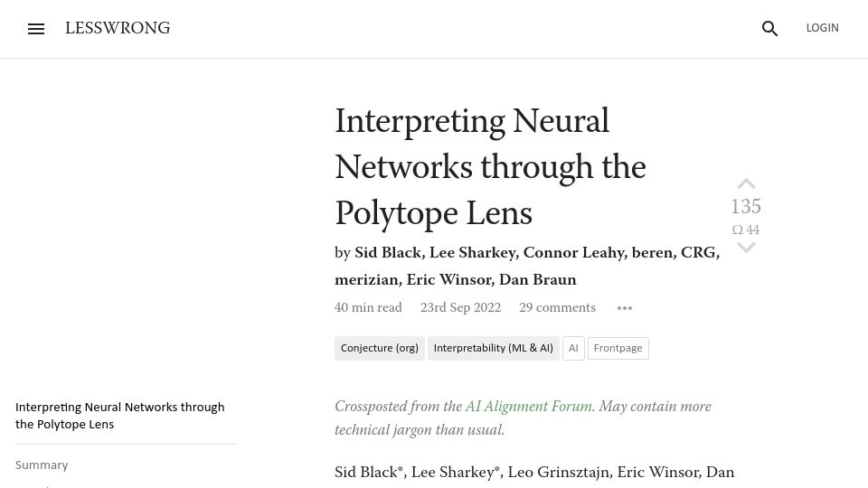 Screenshot of lesswrong.com: Interpreting neural networks through the polytope lens (2022)