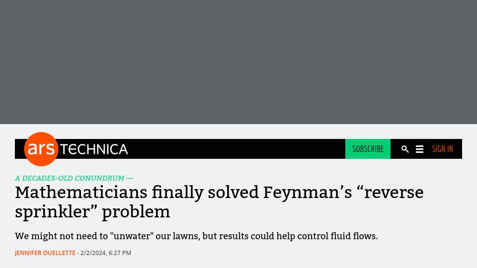 Screenshot of arstechnica.com: A new solution for the "reverse sprinkler" problem