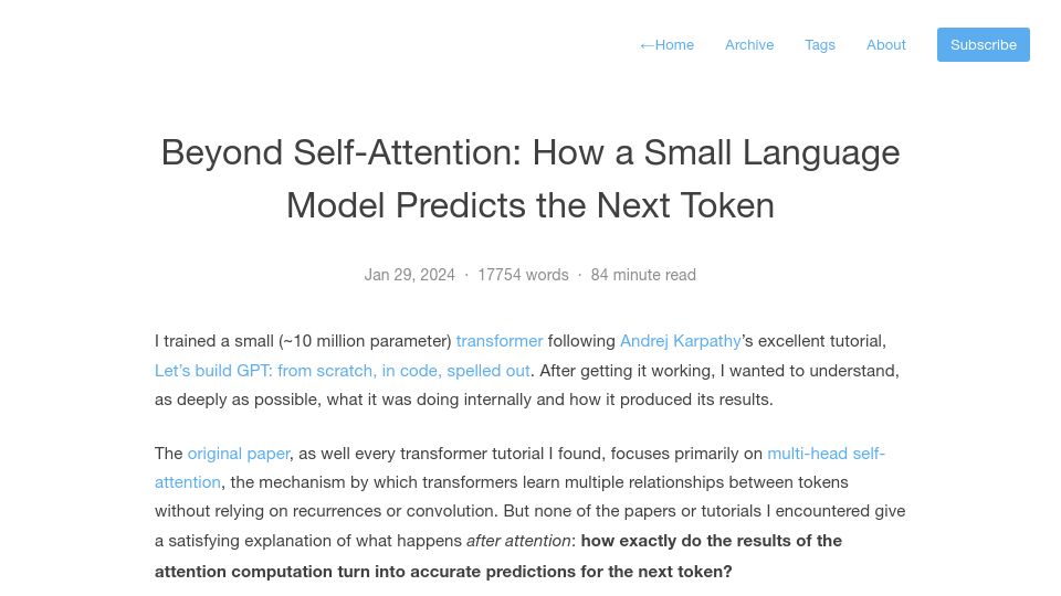 Screenshot of shyam.blog: Beyond self-attention: How a small language model predicts the next token