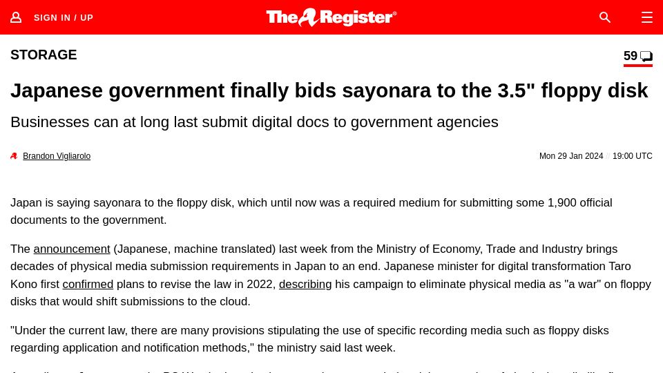 Screenshot of theregister.com: Japanese government bids sayonara to the 3.5" floppy disk