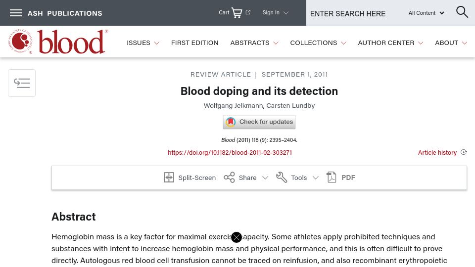 Screenshot of ashpublications.org: Blood doping and its detection