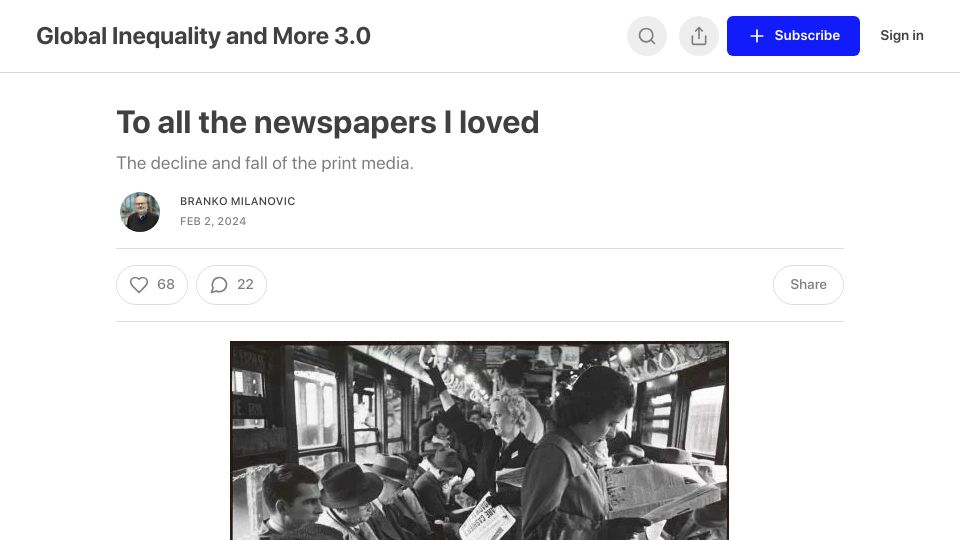 Screenshot of branko2f7.substack.com: To all the newspapers I loved