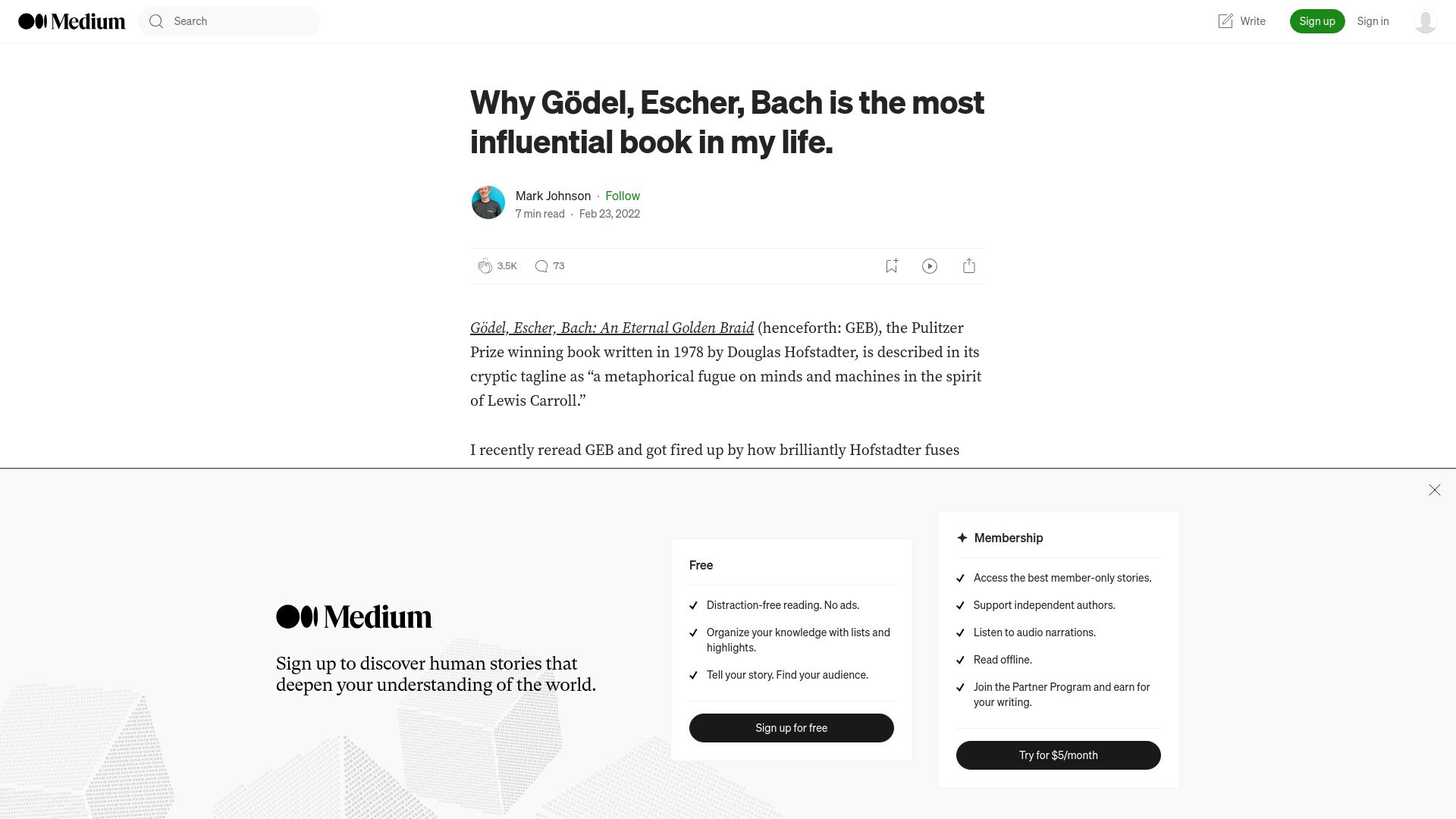 Screenshot of philosophygeek.medium.com: Gödel, Escher, Bach is the most influential book in my life (2022)