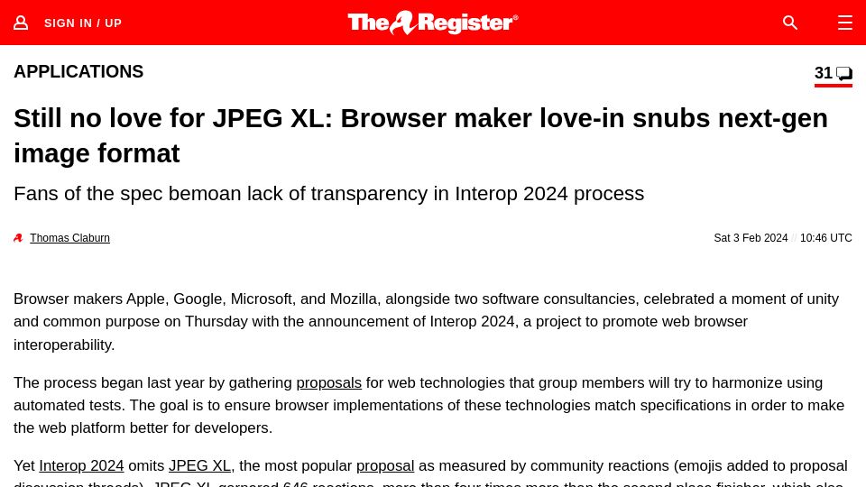Screenshot of theregister.com: Still no love for JPEG XL: Browser maker love-in snubs next-gen image format