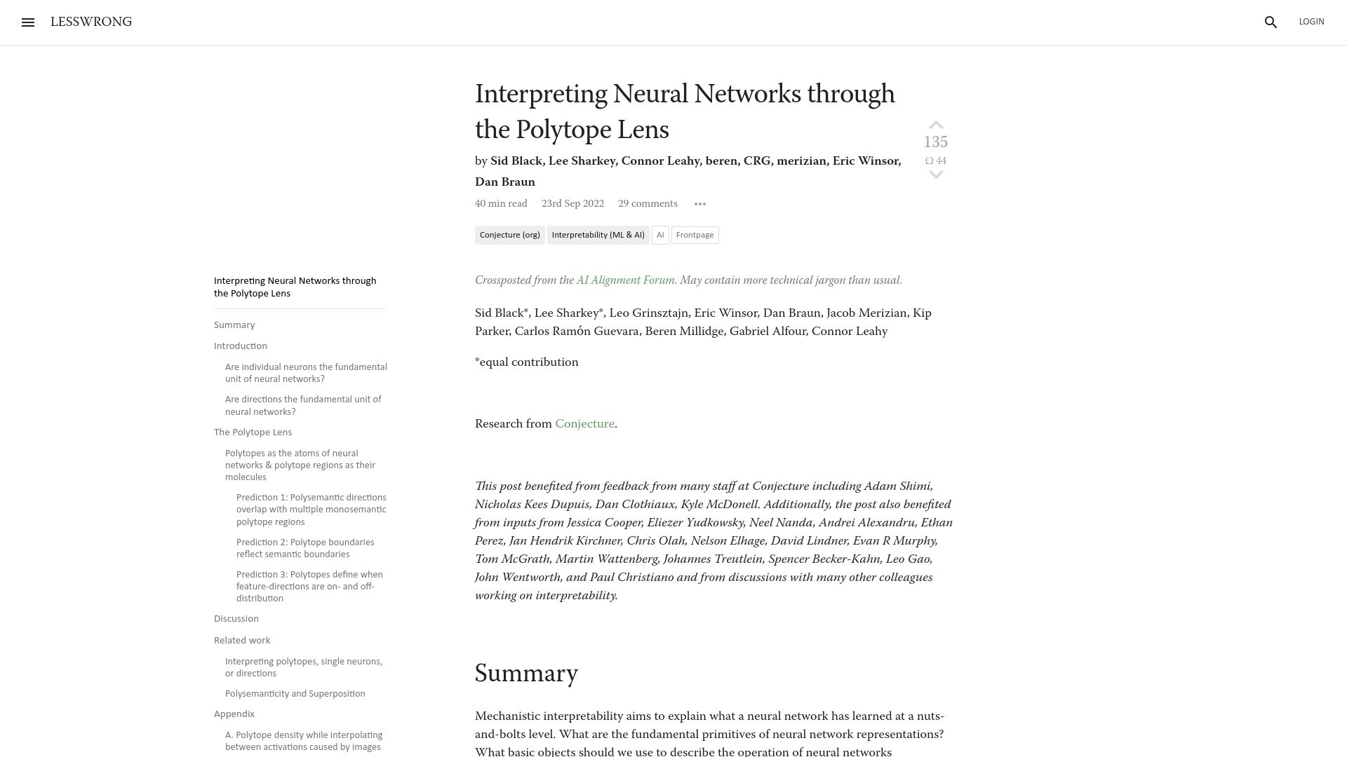 Screenshot of lesswrong.com: Interpreting neural networks through the polytope lens (2022)