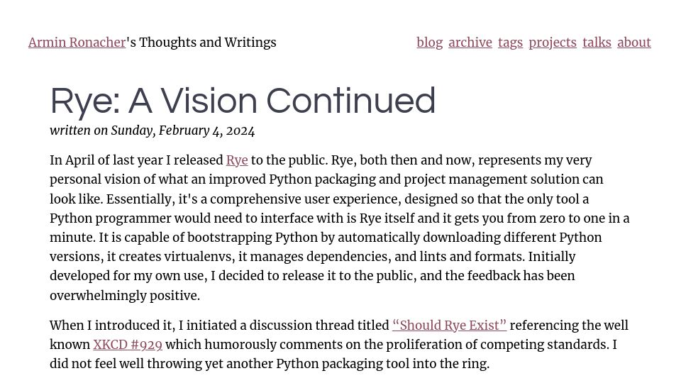 Screenshot of lucumr.pocoo.org: Rye: A Vision Continued