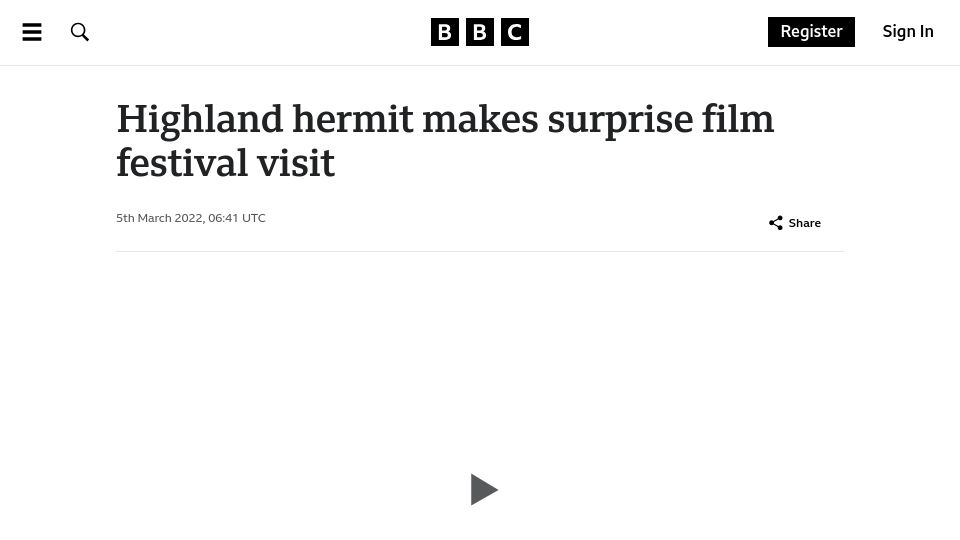 Screenshot of bbc.co.uk: Highland hermit makes surprise film festival visit (2022)