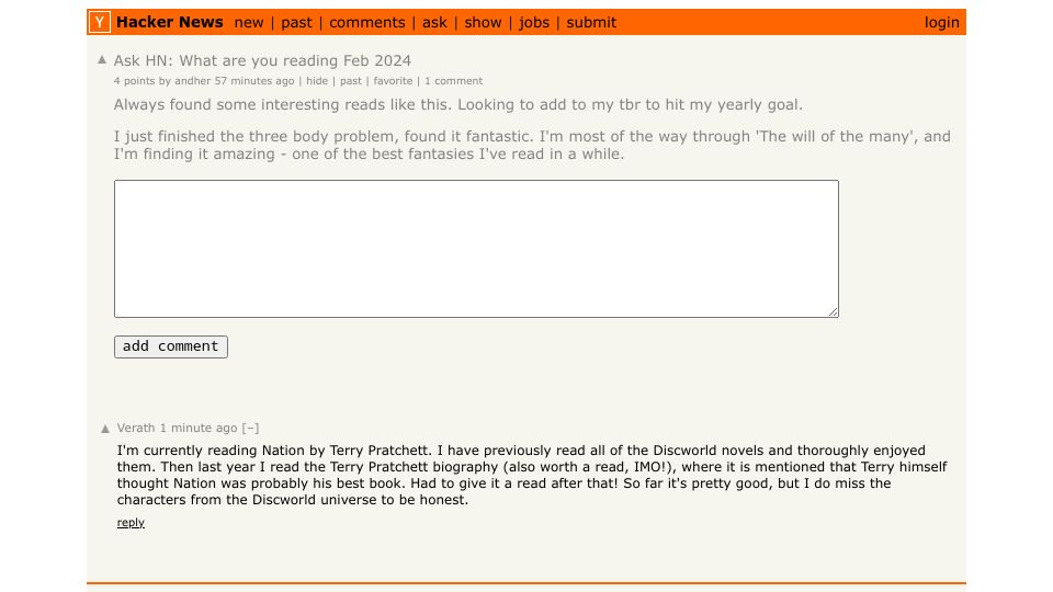 Screenshot of Hacker News post: Ask HN: What are you reading Feb 2024