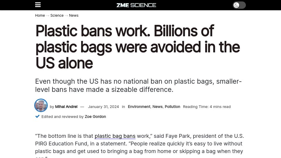 Screenshot of zmescience.com: Plastic bag bans work