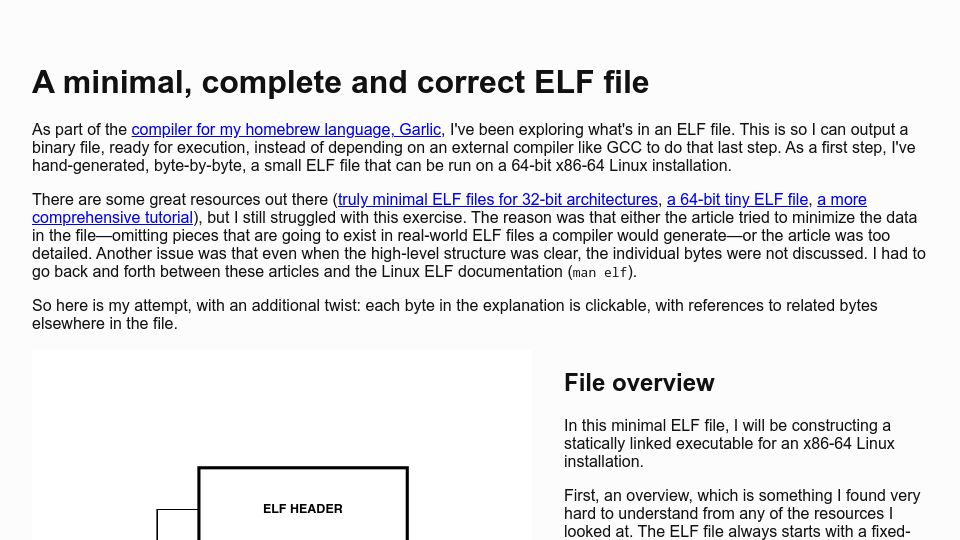 Screenshot of scratchpad.avikdas.com: A minimal, complete, and correct ELF file