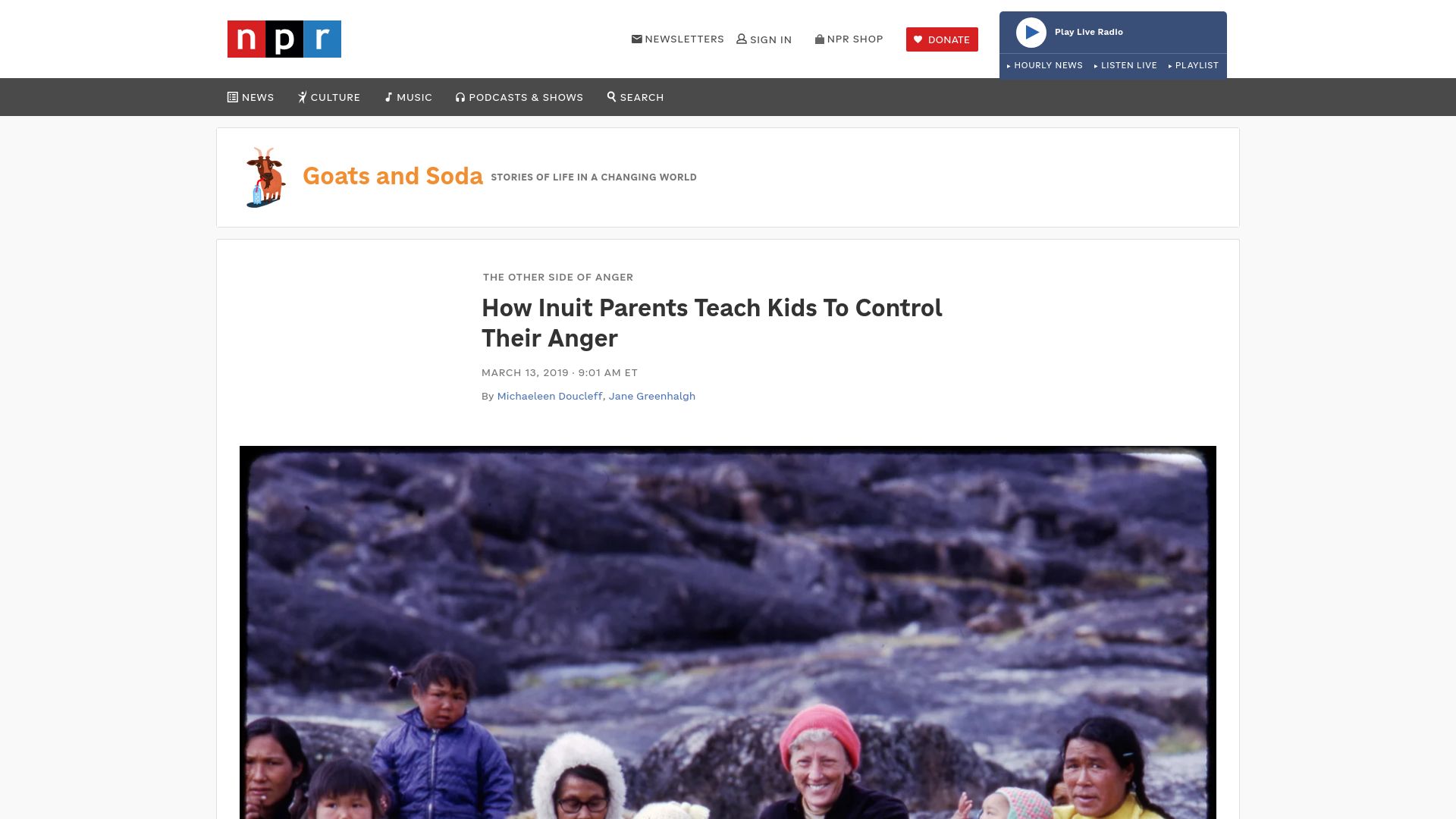 Screenshot of npr.org: How Inuit Parents Teach Kids To Control Their Anger (2019)