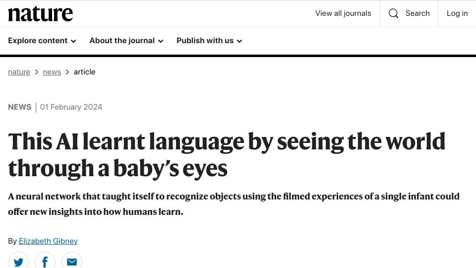 Screenshot of nature.com: This AI learnt language by seeing the world through a baby's eyes