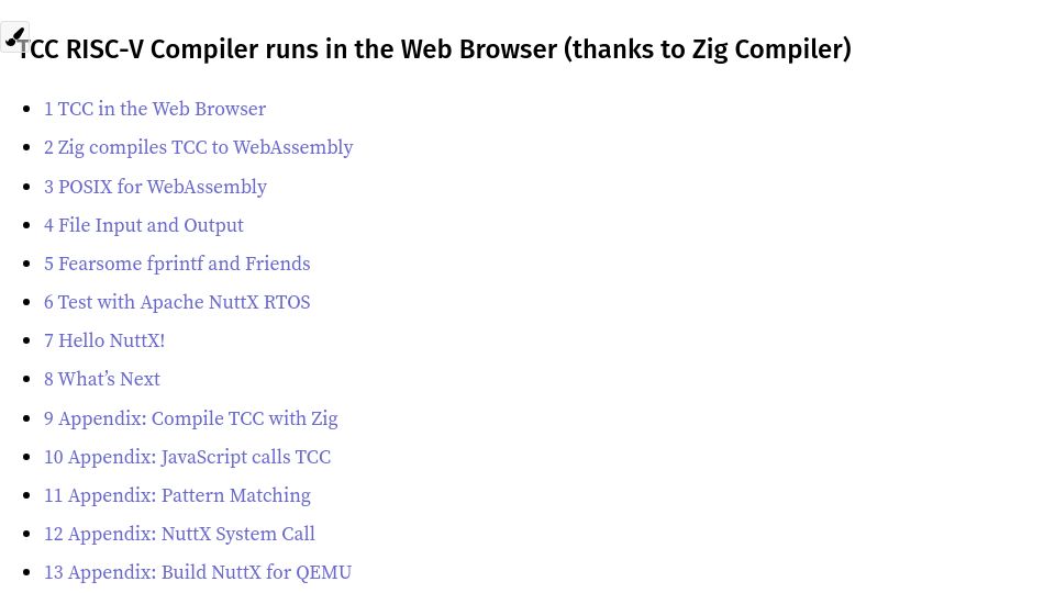 Screenshot of lupyuen.codeberg.page: TCC RISC-V Compiler Runs in the Web Browser (Thanks to Zig Compiler)