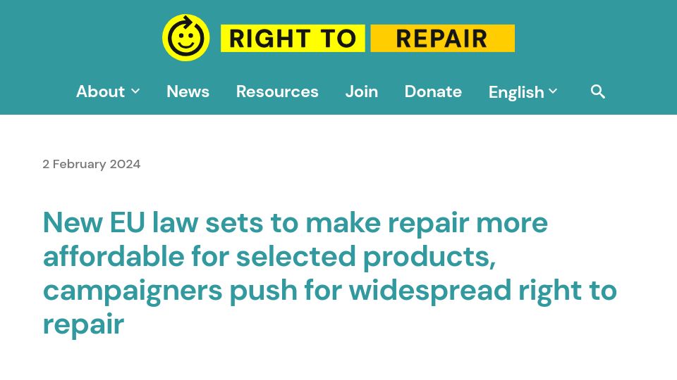Screenshot of repair.eu: New EU law sets to make repair more affordable for selected products