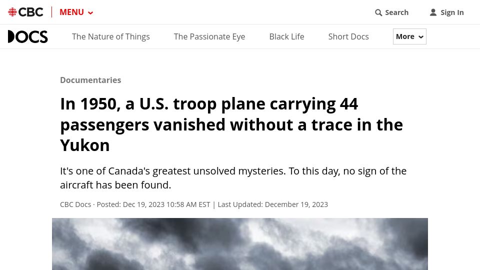 Screenshot of cbc.ca: In 1950, a U.S. troop plane vanished without a trace in the Yukon