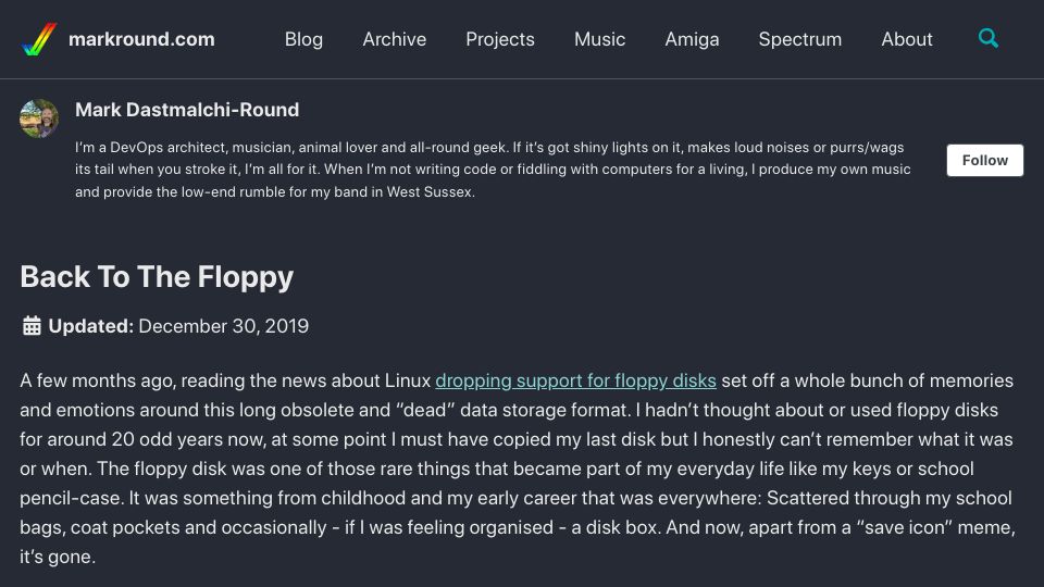 Screenshot of markround.com: Back to the Floppy (2019)