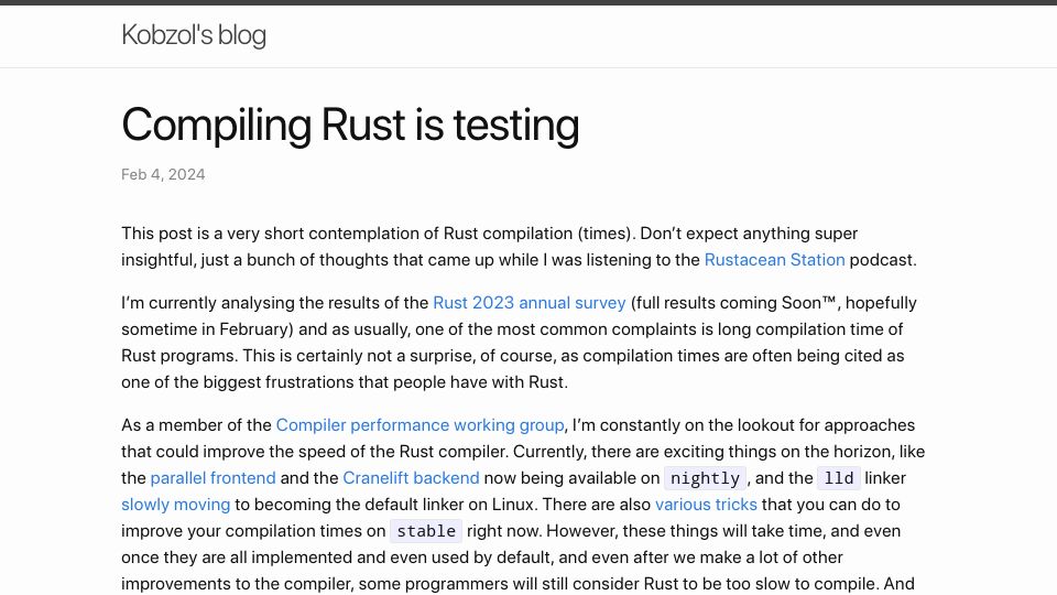 Screenshot of kobzol.github.io: Compiling Rust Is Testing