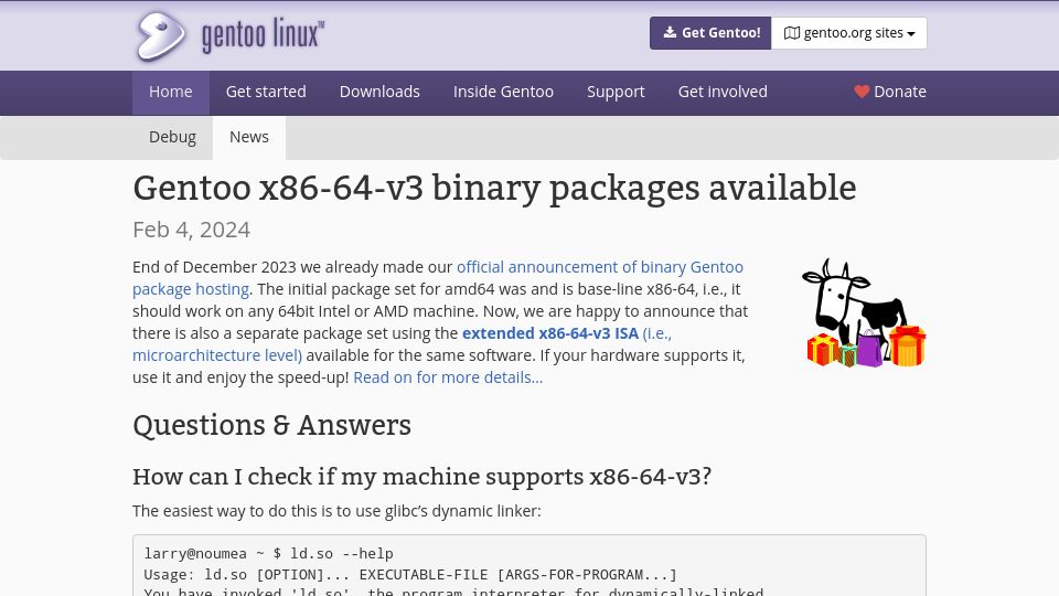 Screenshot of gentoo.org: Gentoo x86-64-v3 binary packages available