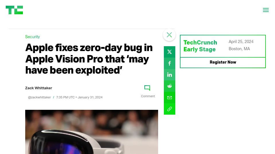 Screenshot of techcrunch.com: Apple fixes zero-day bug in Apple Vision Pro that 'may have been exploited'