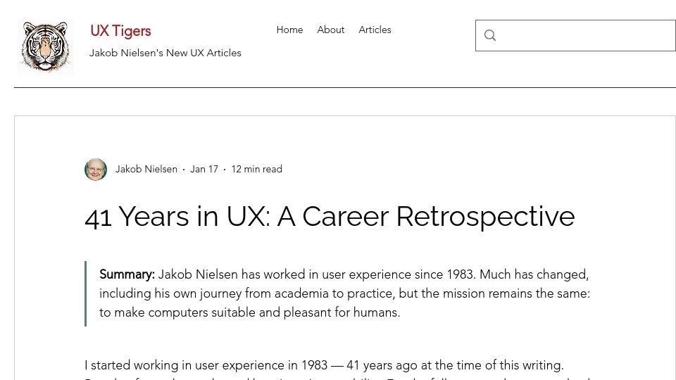 Screenshot of uxtigers.com: 41 Years in UX: A Career Retrospective