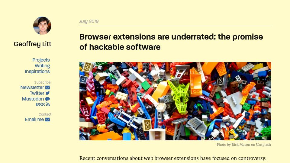 Screenshot of geoffreylitt.com: Browser extensions are underrated: the promise of hackable software (2019)