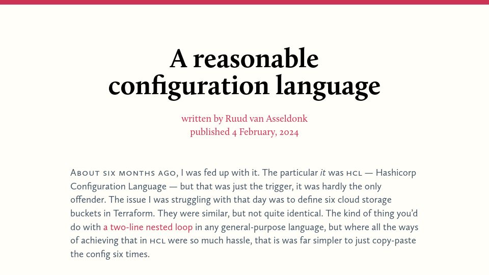 Screenshot of ruudvanasseldonk.com: A reasonable configuration language