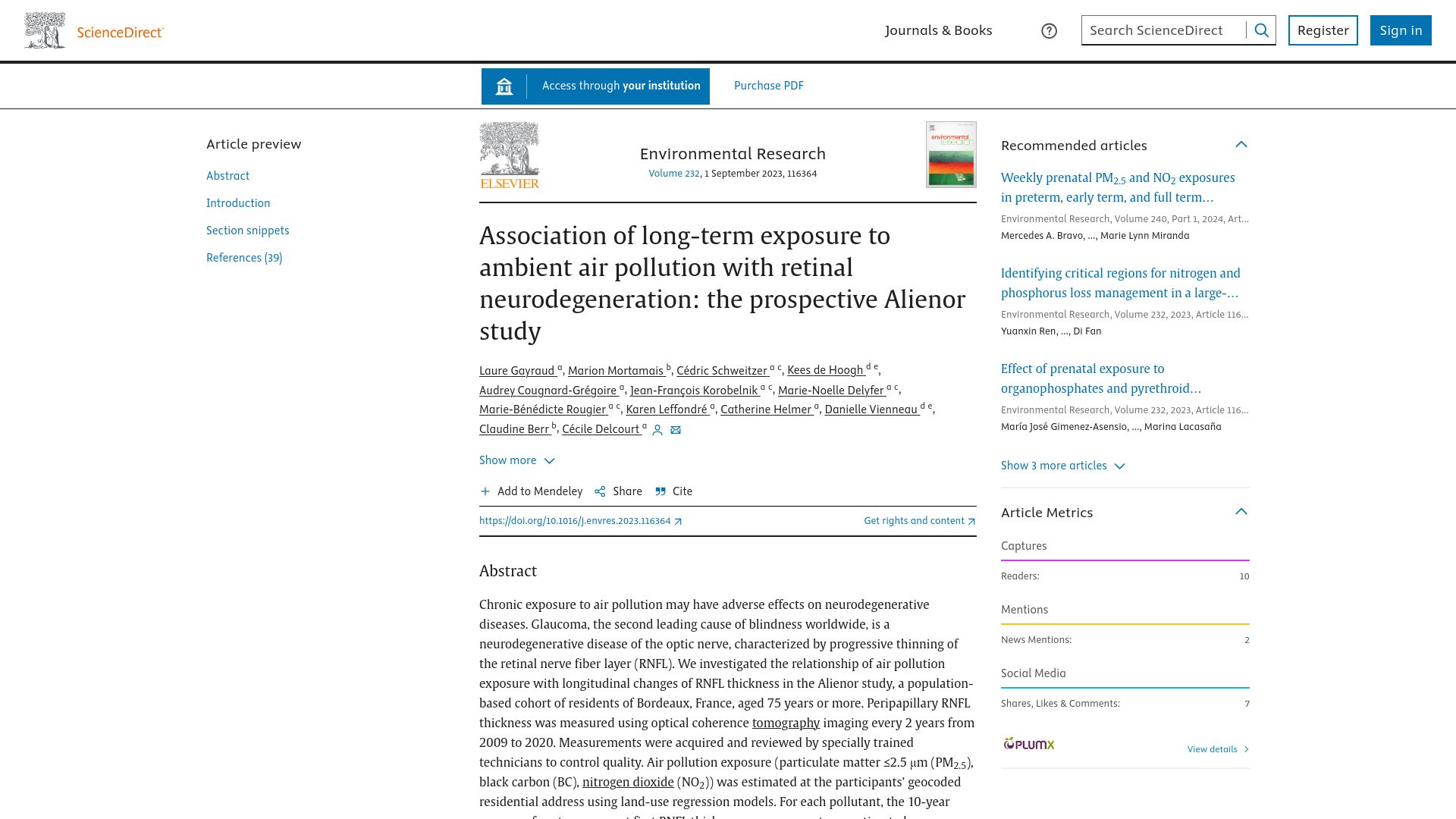 Screenshot of sciencedirect.com: Association of long-term exposure to air pollution w retinal neurodegeneration