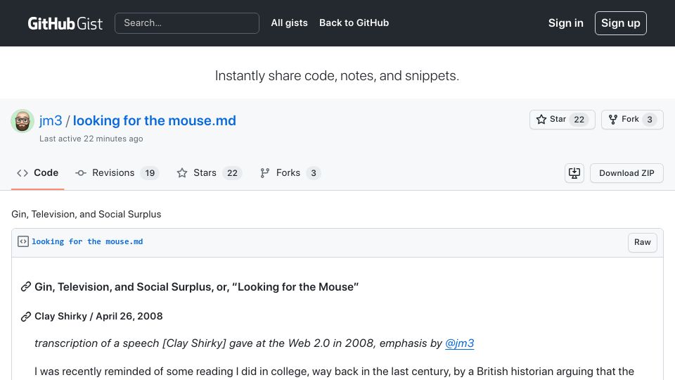 Screenshot of gist.github.com: Gin, Television, and Social Surplus (2008)