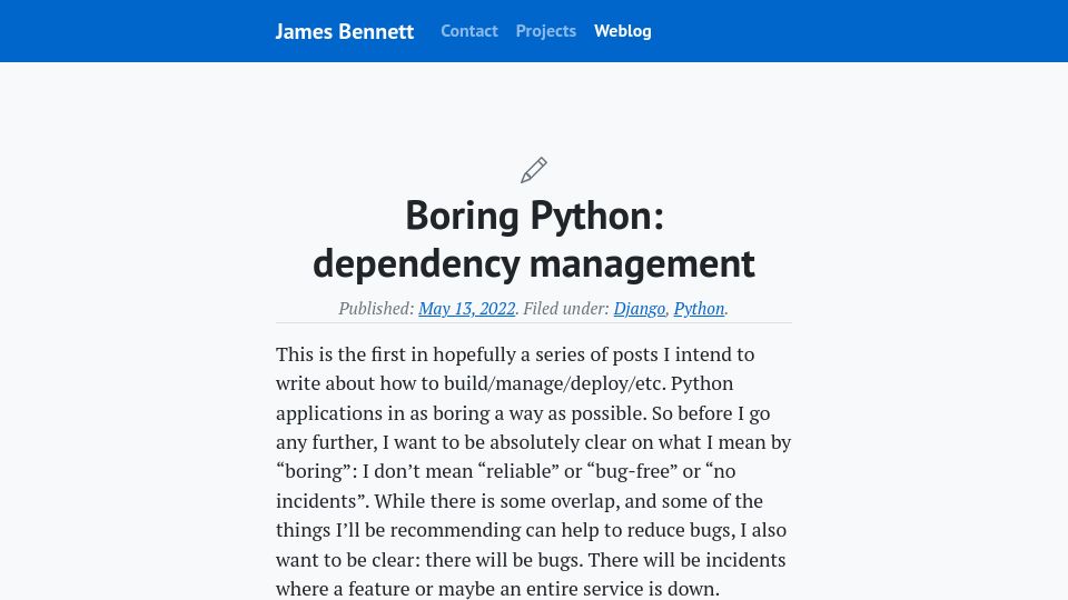 Screenshot of b-list.org: Boring Python: dependency management (2022)