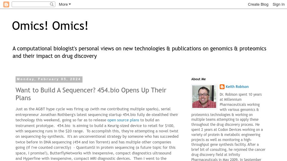 Screenshot of omicsomics.blogspot.com: Want to build a sequencer? 454.bio opens up their plans